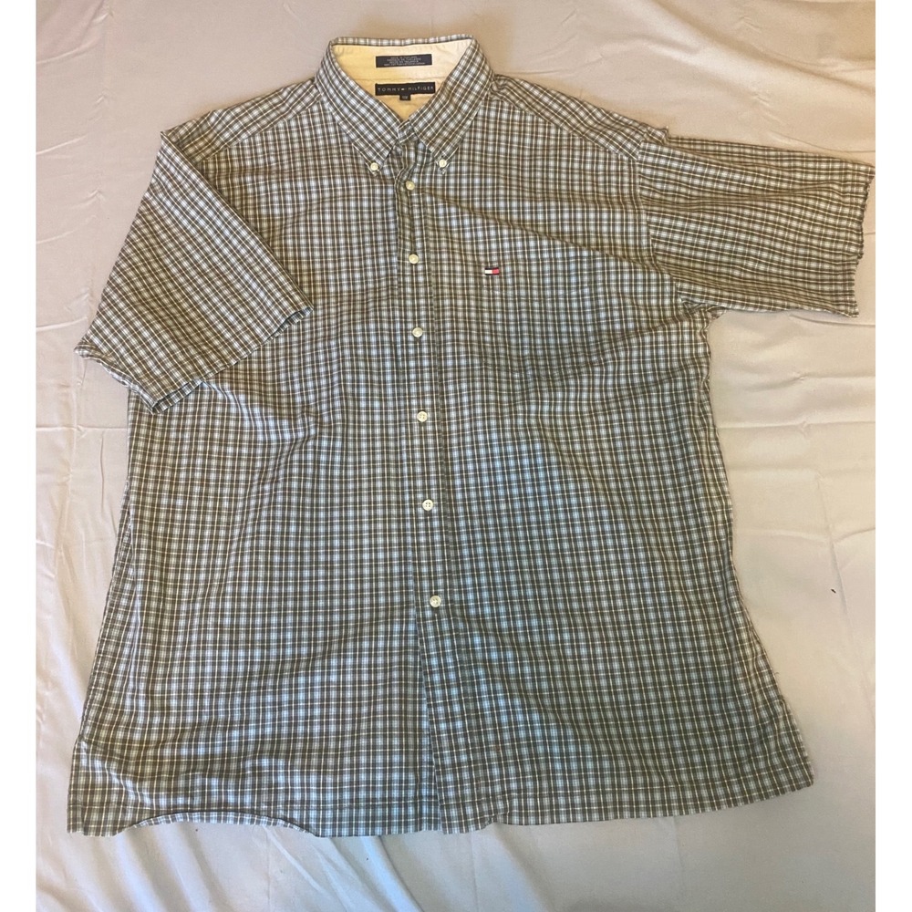 Tommy Hilfiger Button Down Shirt Mens XXL Brown Blue Excellent Plaid Cotton SS